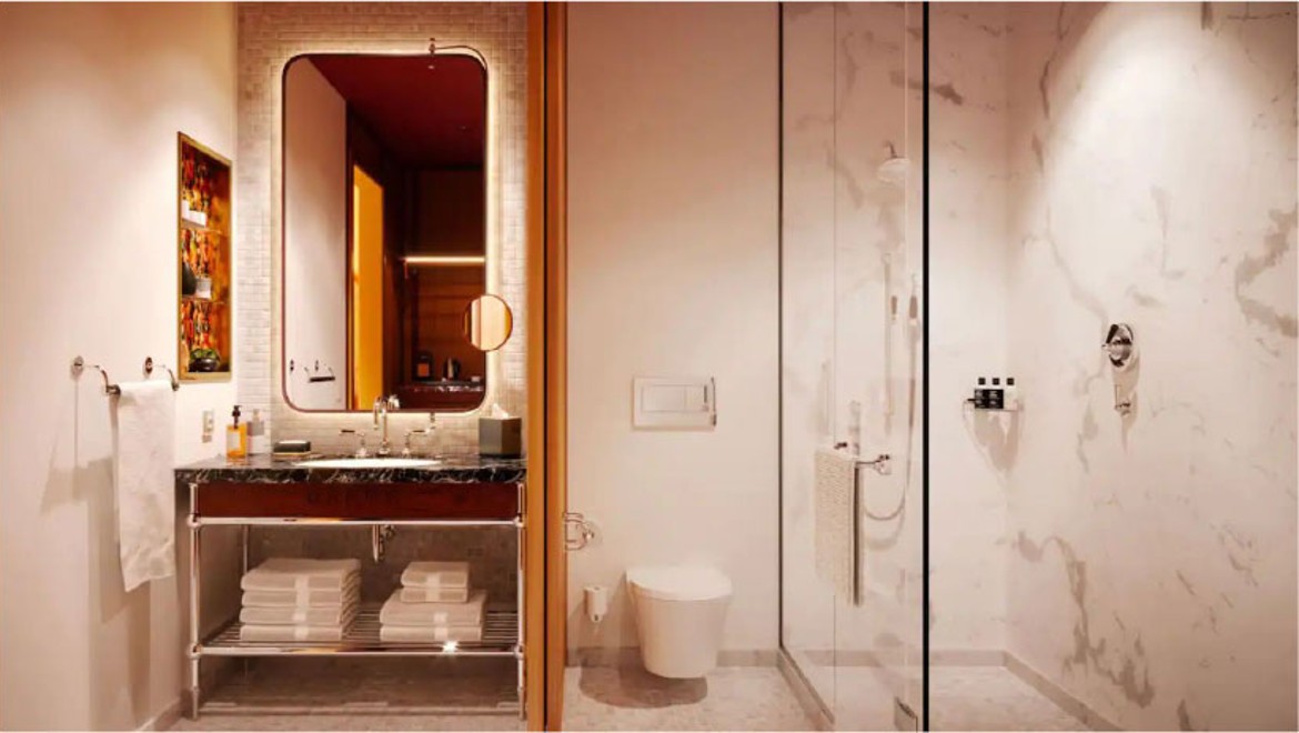 Renovated bathroom with Geberit in-wall system, Hotel Canopy, Chicago, Illinois