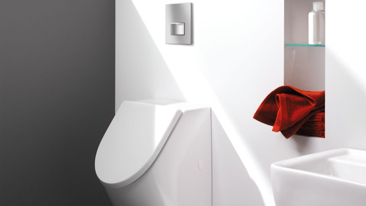Geberit Type 50 urinal flush actuator in a bathroom