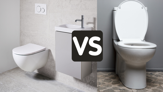 Images of a wall-hung toilet and a floor-mounted toilet next to each other. The word "vs" sits between them.