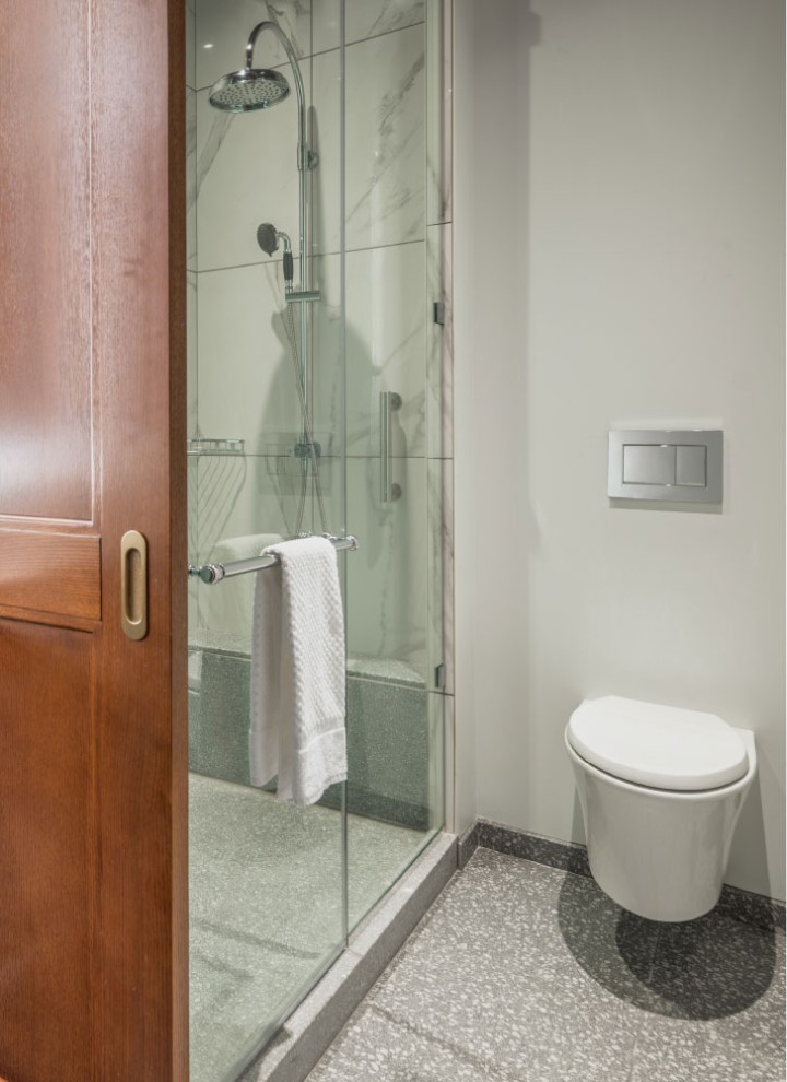 Bathroom with Geberit in-wall system and Sigma30 flush plate, Hotel Canopy, Chicago, Illinois