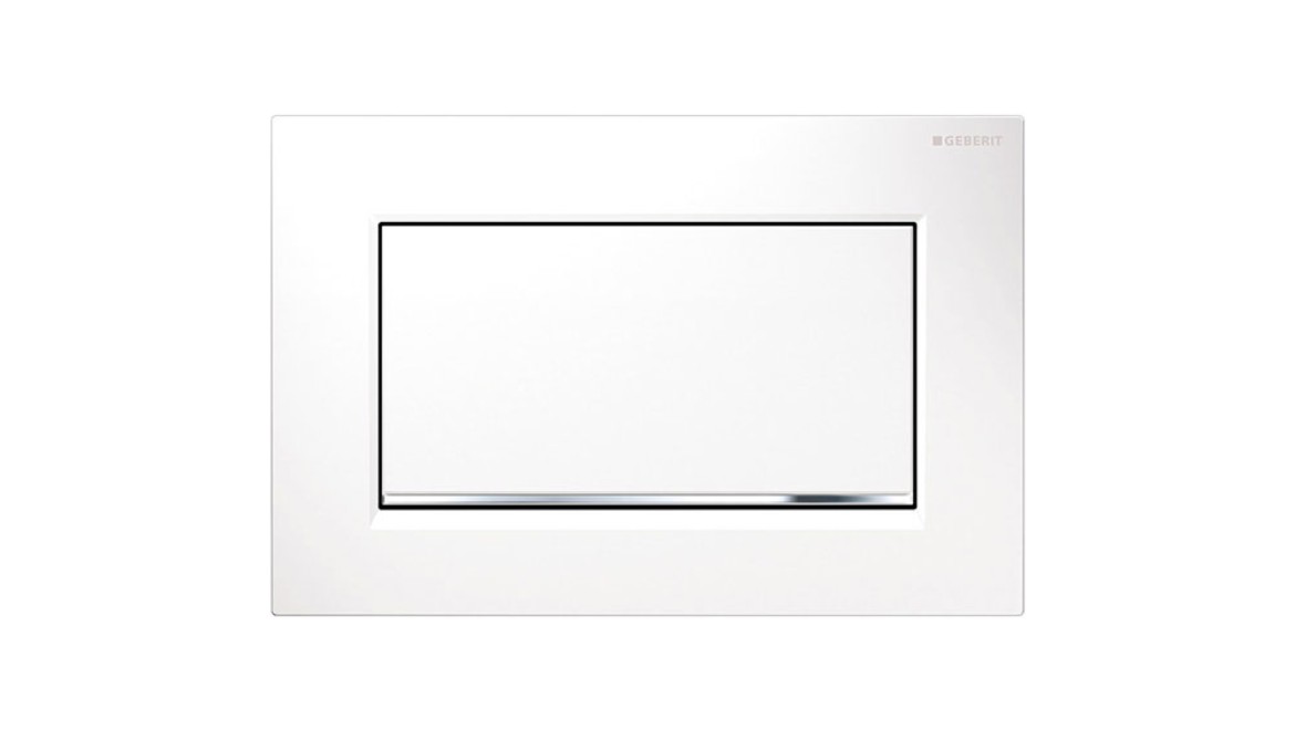 Sigma10 Square flush plate in white with polished chrome accent Sigma10 Square flush plate in white with polished chrome accent