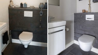 Geberit Omega pre-wall toilet systems installed in small bathrooms
