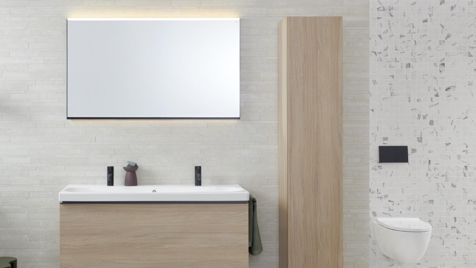 The Acanto bathroom series with pull-out shelf unit creates practical storage space The Acanto bathroom series with pull-out shelf unit creates practical storage space