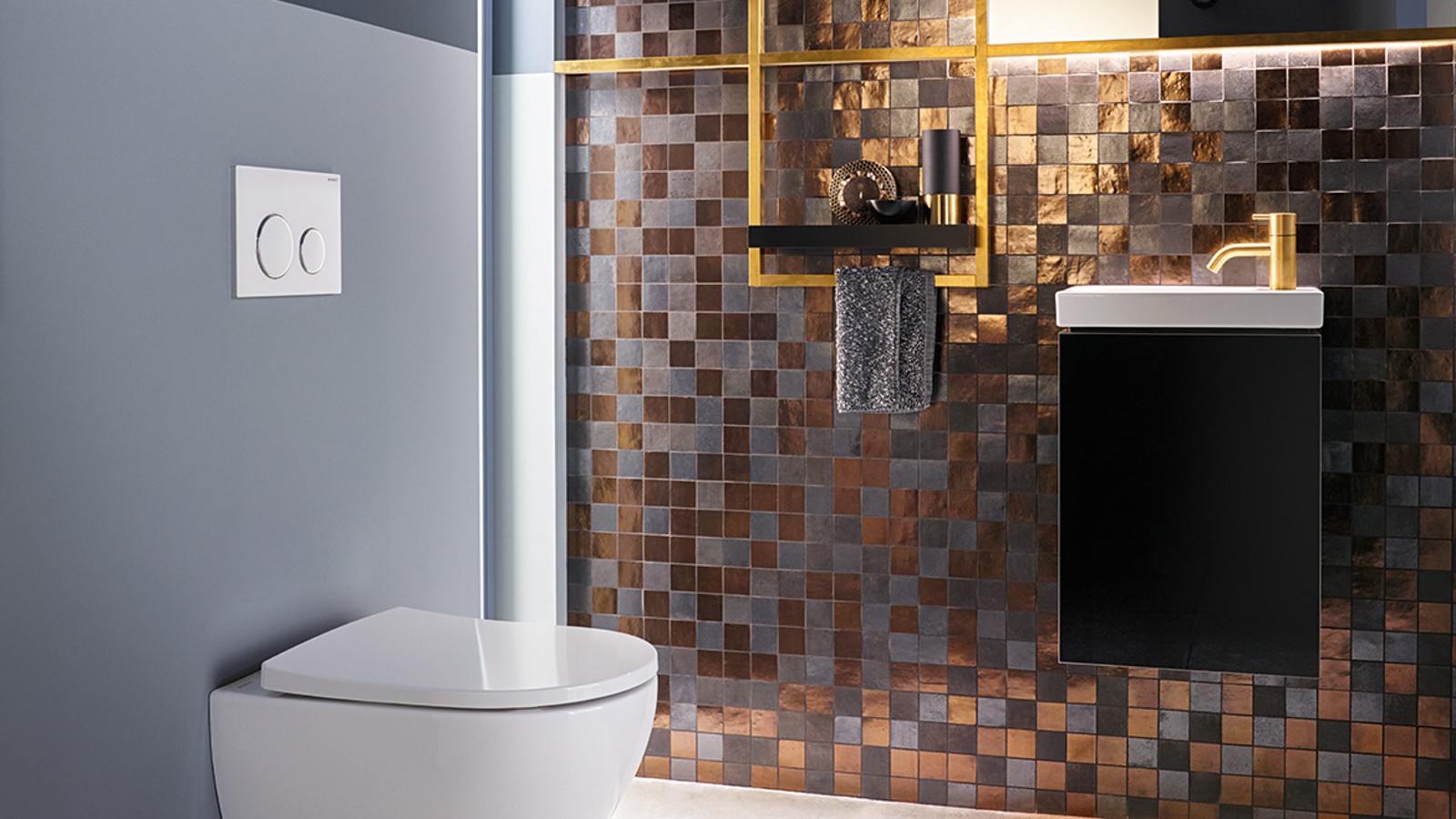 Bathroom in earthy tones with wall-hung toilet, Geberit in-wall system, and bidet seat Bathroom in earthy tones with wall-hung toilet, Geberit in-wall system, and bidet seat