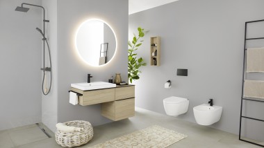 Bathroom with Geberit in-wall washbasin, toilet, and bidet systems