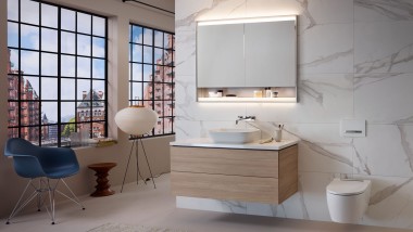 Urban bathroom with Geberit in-wall systems for wall-hung vanity and toilet