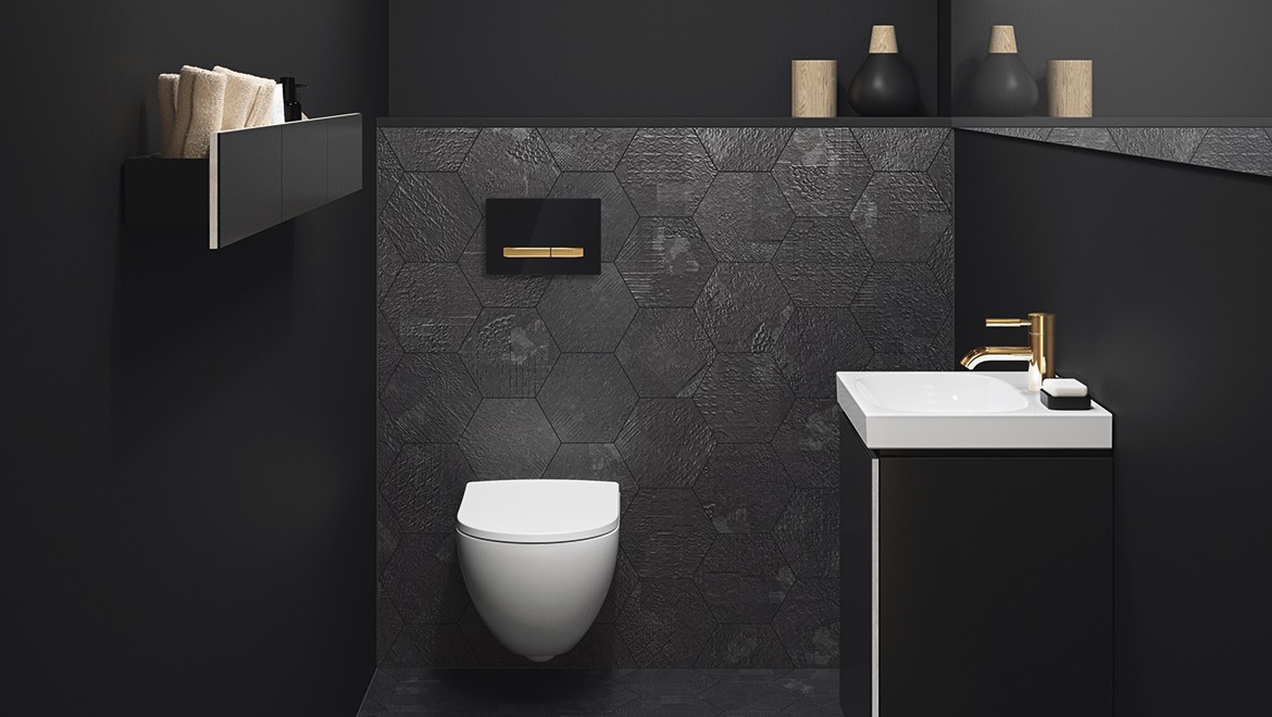 Private bathroom with Sigma50 flush plate in brass finish Private bathroom with Sigma50 flush plate in brass finish