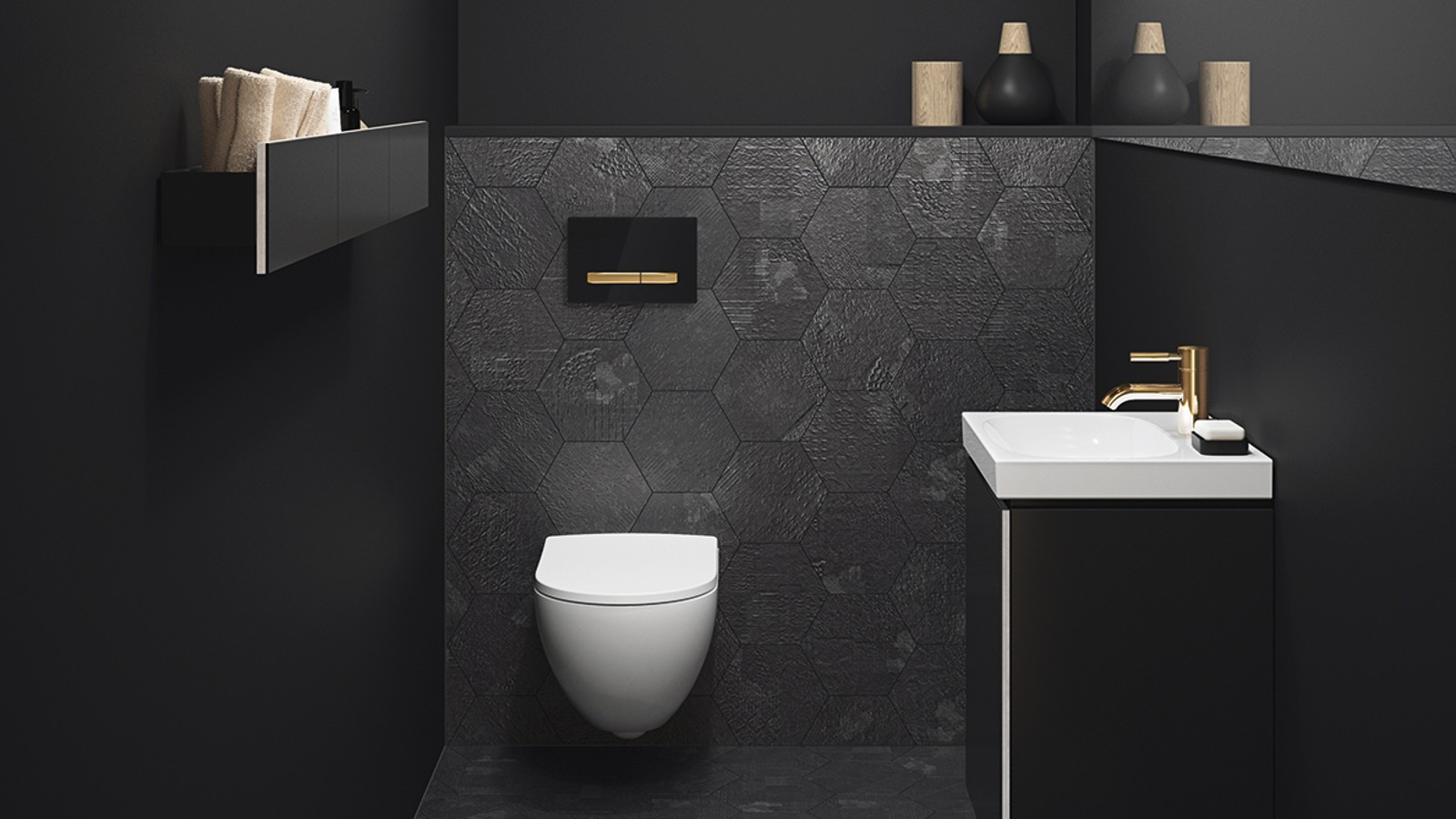 Private bathroom with Sigma50 flush plate in brass finish