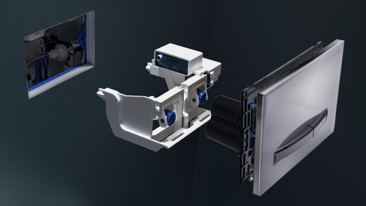 Exploded view of Geberit sanitary flush module in an in-wall toilet system