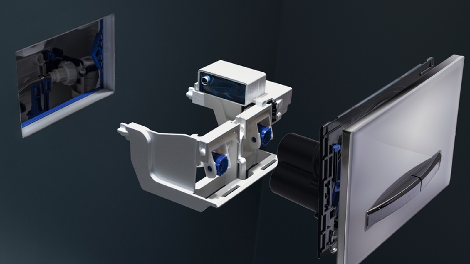Exploded view of Geberit sanitary flush module in an in-wall toilet system Exploded view of Geberit sanitary flush module in an in-wall toilet system
