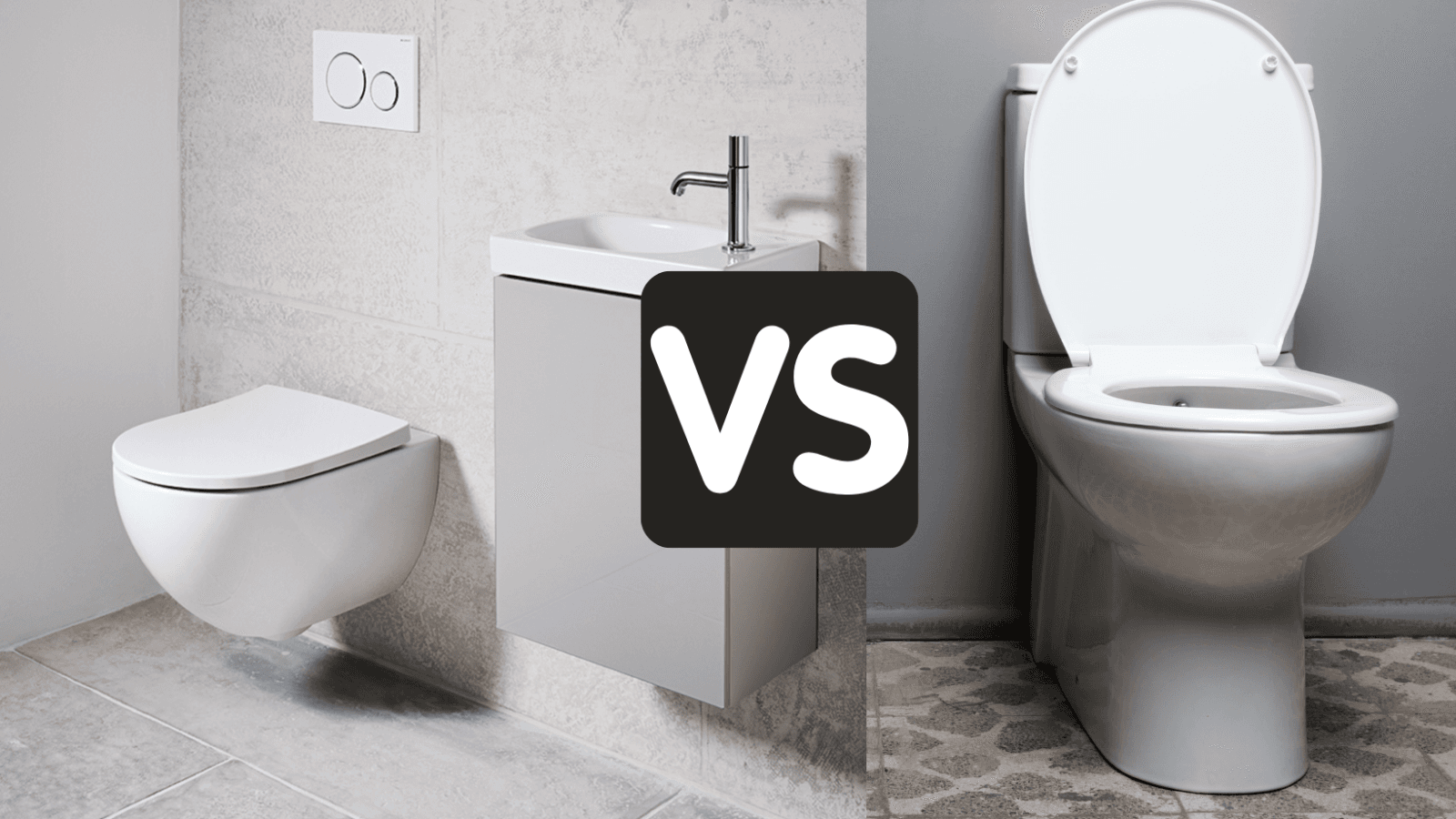 Images of a wall-mounted toilet and a floor-mounted toilet next to each other. The letters "vs" between them. Images of a wall-mounted toilet and a floor-mounted toilet next to each other. The letters "vs" between them.