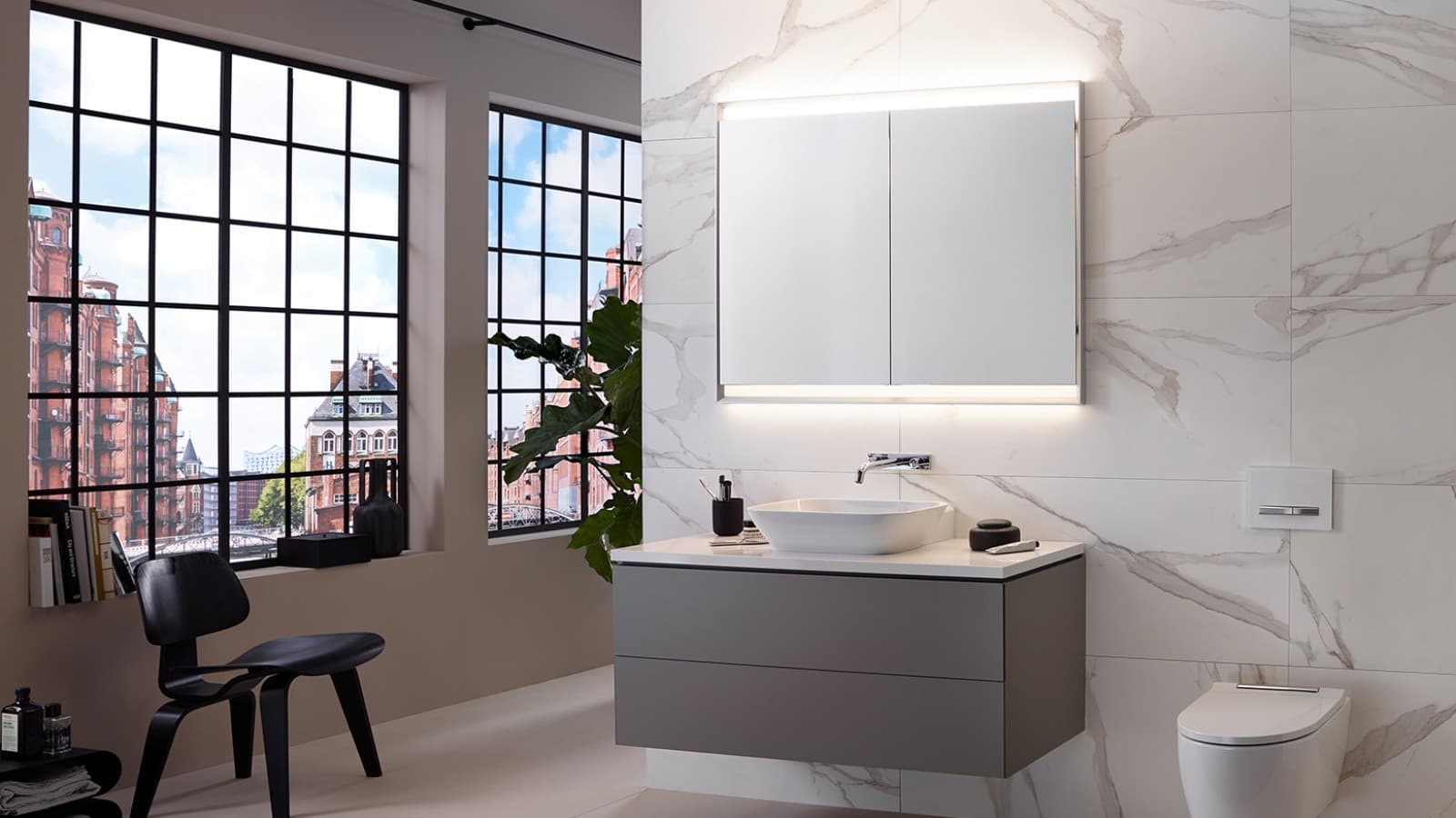 Urban bathroom with Geberit in-wall systems for wall-hung vanity and toilet Urban bathroom with Geberit in-wall systems for wall-hung vanity and toilet