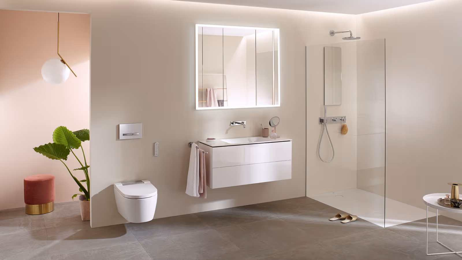 Bathroom with wall-hung toilet and Geberit in-wall system Bathroom with wall-hung toilet and Geberit in-wall system