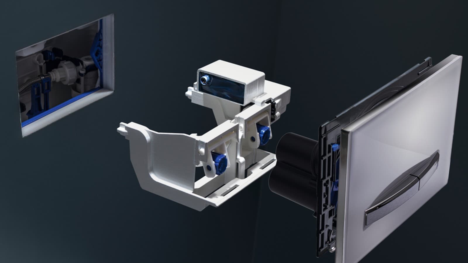 Exploded view of Geberit sanitary flush module in an in-wall toilet system Exploded view of Geberit sanitary flush module in an in-wall toilet system