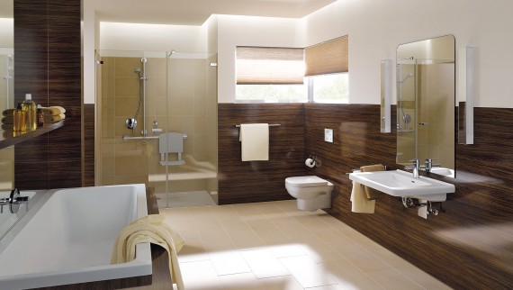 A barrier-free, accessible bathroom designed with Geberit in-wall systems for wall-hung fixtures A barrier-free, accessible bathroom designed with Geberit in-wall systems for wall-hung fixtures